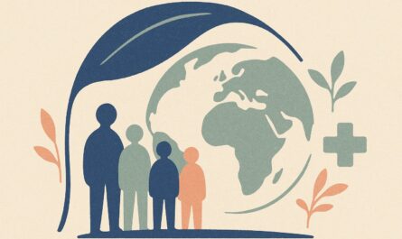Globe organique protégé sous une canopée végétale, entouré de silhouettes sans visage, illustration de l'assurance santé pour expatrié