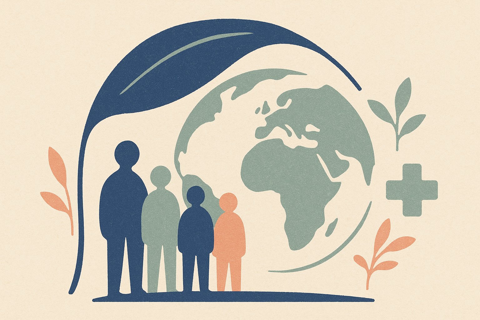 Globe organique protégé sous une canopée végétale, entouré de silhouettes sans visage, illustration de l'assurance santé pour expatrié