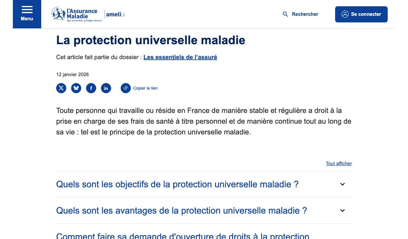 Capture d'écran de la page ameli.fr consacrée à la protection universelle maladie, rappelant le principe de prise en charge des personnes qui travaillent ou résident en France