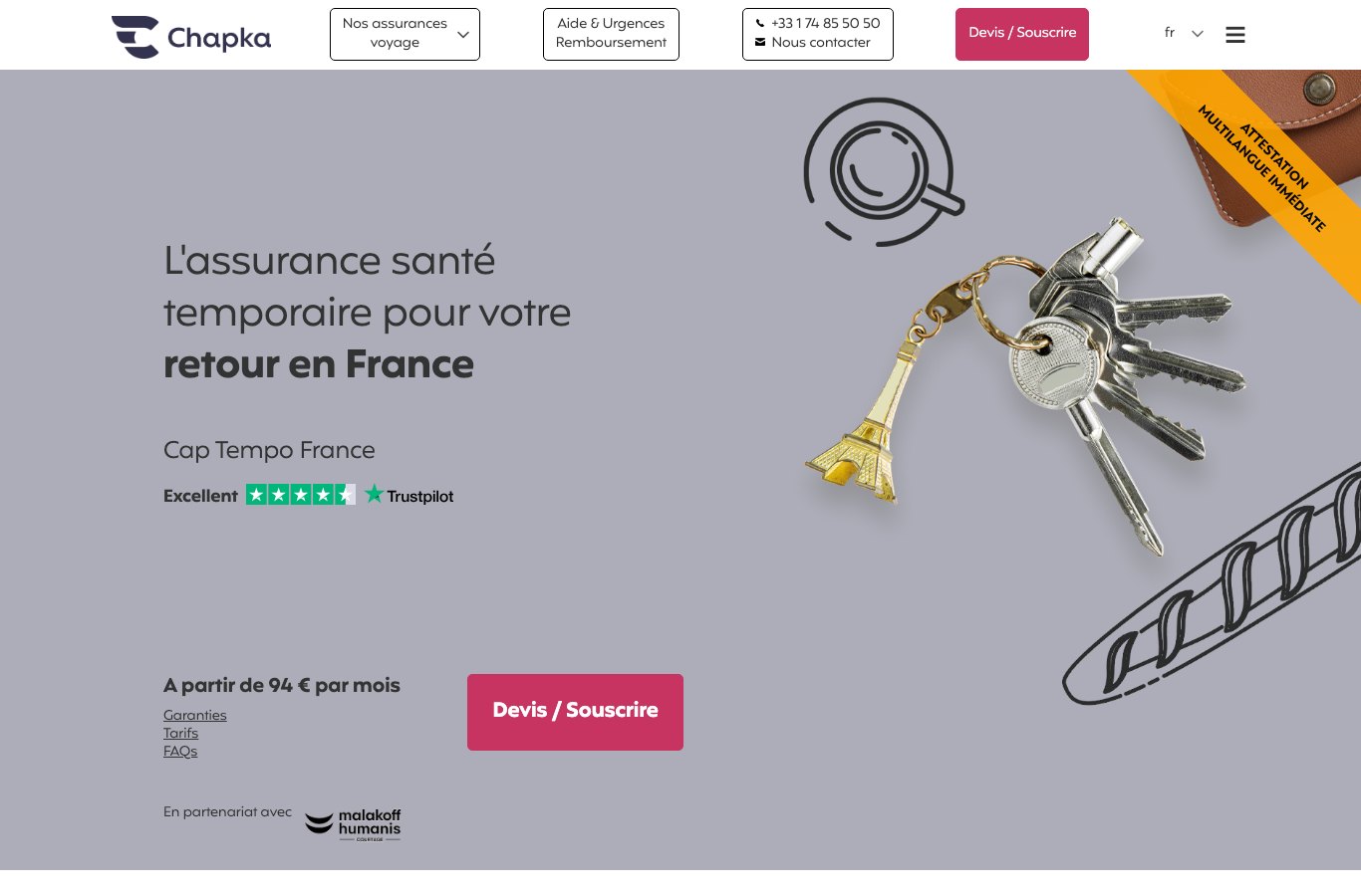 Capture d'écran de l'offre Cap Tempo France du courtier Chapka, assurance santé temporaire pour un retour en France, affichée à partir de 94 euros par mois
