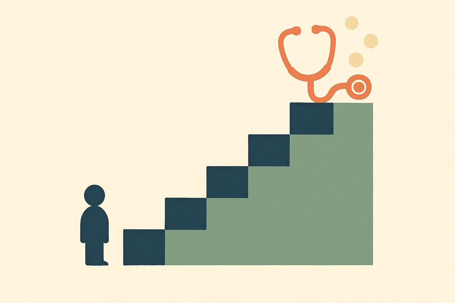 Illustration d'un escalier de blocs qui monte, symbolisant la facture de santé qui grimpe très vite en l'absence de couverture sociale