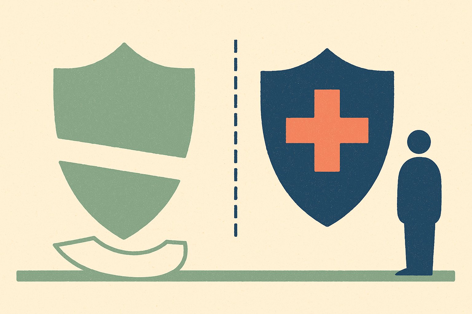 Illustration comparant un bouclier vert brisé, symbole d'une mutuelle sans Sécurité sociale, et un bouclier bleu complet représentant une assurance au premier euro