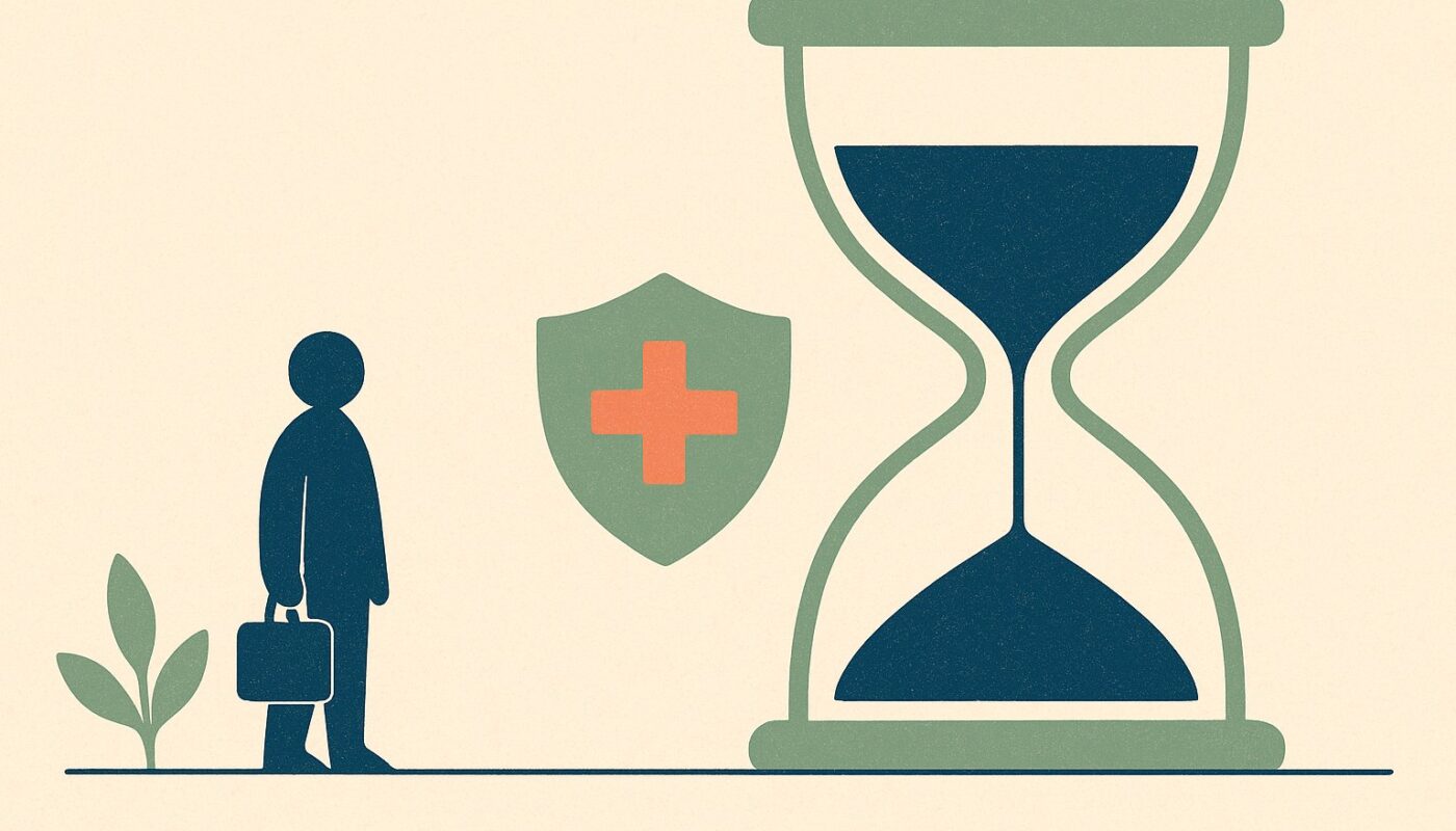 Illustration : une personne attend devant un sablier, un bouclier de sante couvre la periode sans Securite sociale