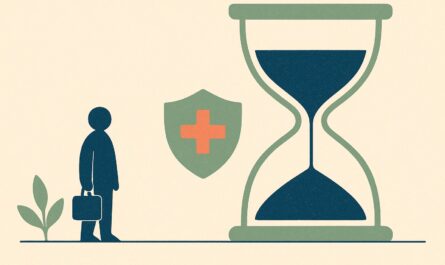 Illustration : une personne attend devant un sablier, un bouclier de sante couvre la periode sans Securite sociale