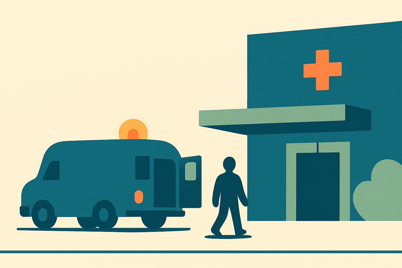 Illustration d'un service d'urgence hospitalier américain avec une ambulance devant l'entrée, dans un style d'illustration à plat aux couleurs pétrole, sauge et crème