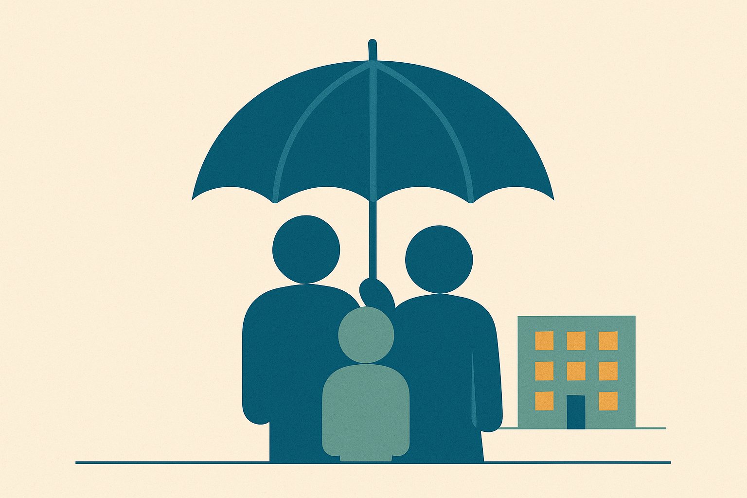 Illustration d'une famille de silhouettes sans visage protégée par un grand bouclier parapluie, avec un immeuble de bureaux en arrière-plan, style à plat pétrole et sauge sur fond crème