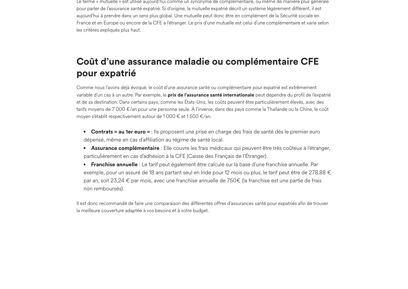 Capture d'écran de la page tarifaire de MSH International sur le prix d'une assurance santé expatrié