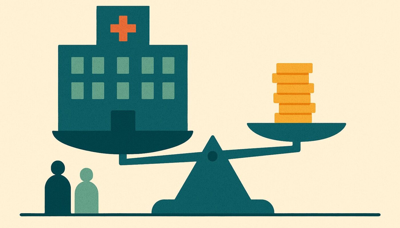 Illustration d'une balance où un hôpital américain pèse plus lourd qu'une pile de pièces, style aplats pétrole et sauge sur fond crème