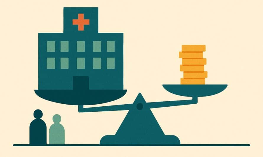 Illustration d'une balance où un hôpital américain pèse plus lourd qu'une pile de pièces, style aplats pétrole et sauge sur fond crème