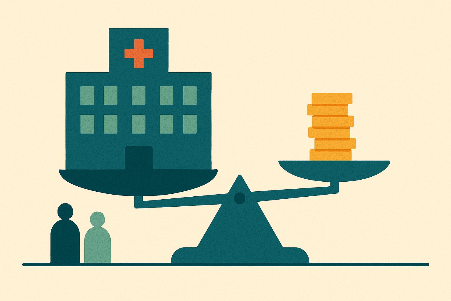 Illustration d'une balance où un hôpital américain pèse plus lourd qu'une pile de pièces, style aplats pétrole et sauge sur fond crème