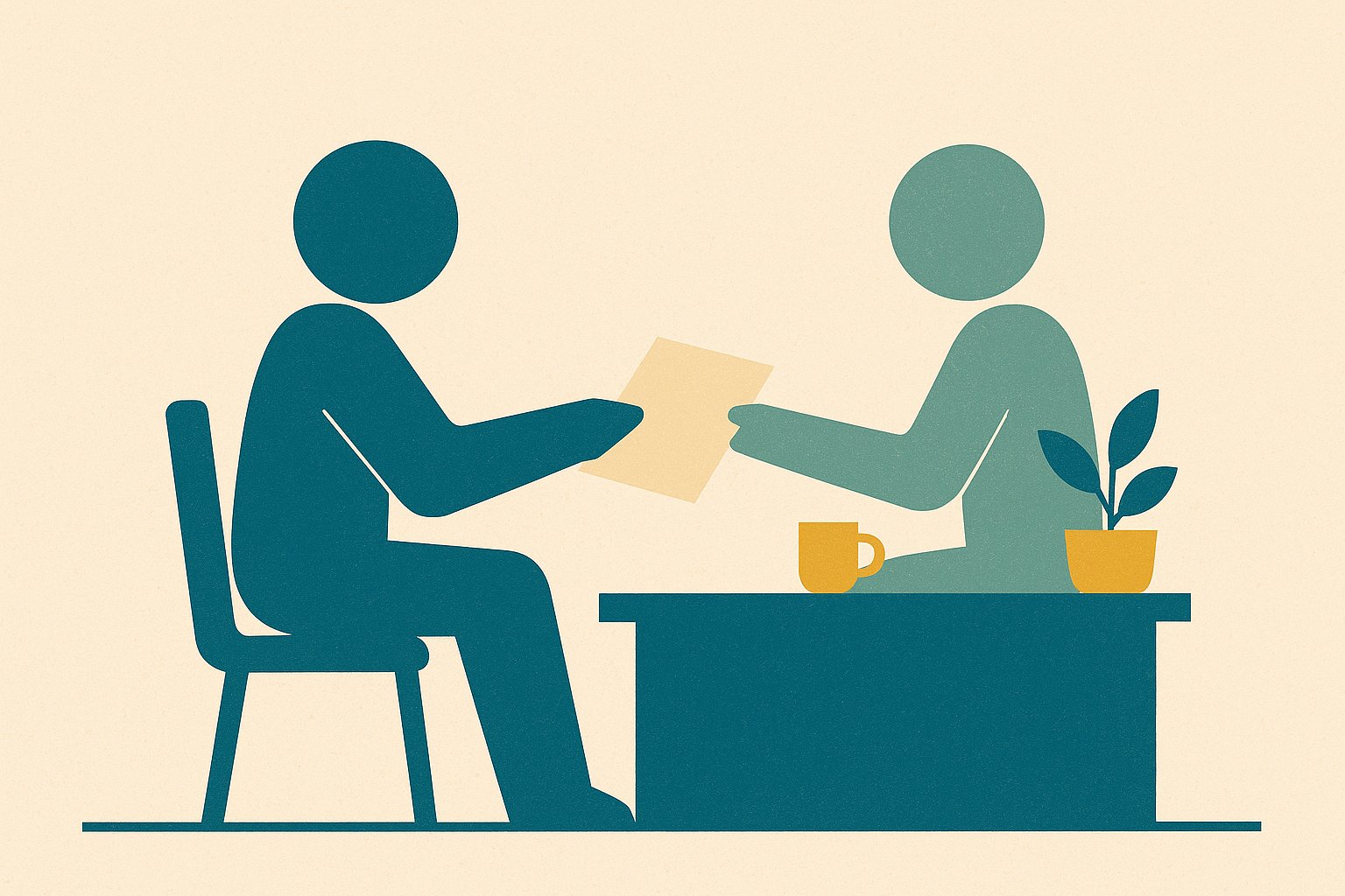 Illustration d un conseiller et d un client échangeant des documents autour d un bureau en agence
