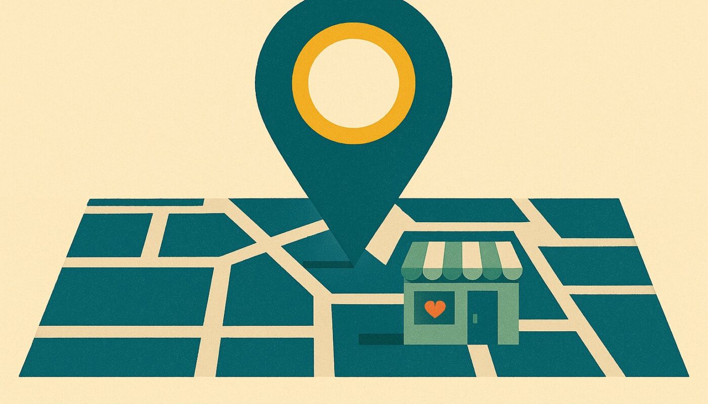 Illustration d une épingle de localisation au-dessus d une boutique de mutuelle sur une carte stylisée, palette crème et pétrole