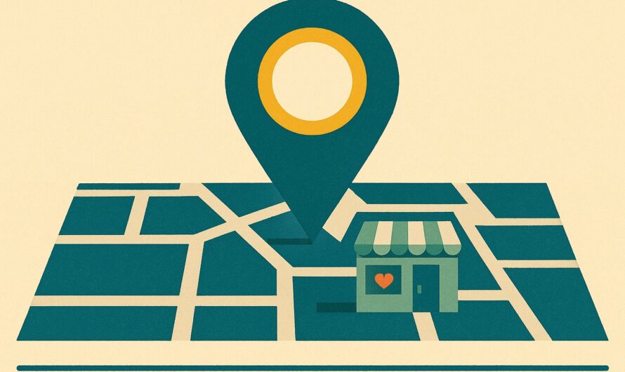 Illustration d une épingle de localisation au-dessus d une boutique de mutuelle sur une carte stylisée, palette crème et pétrole
