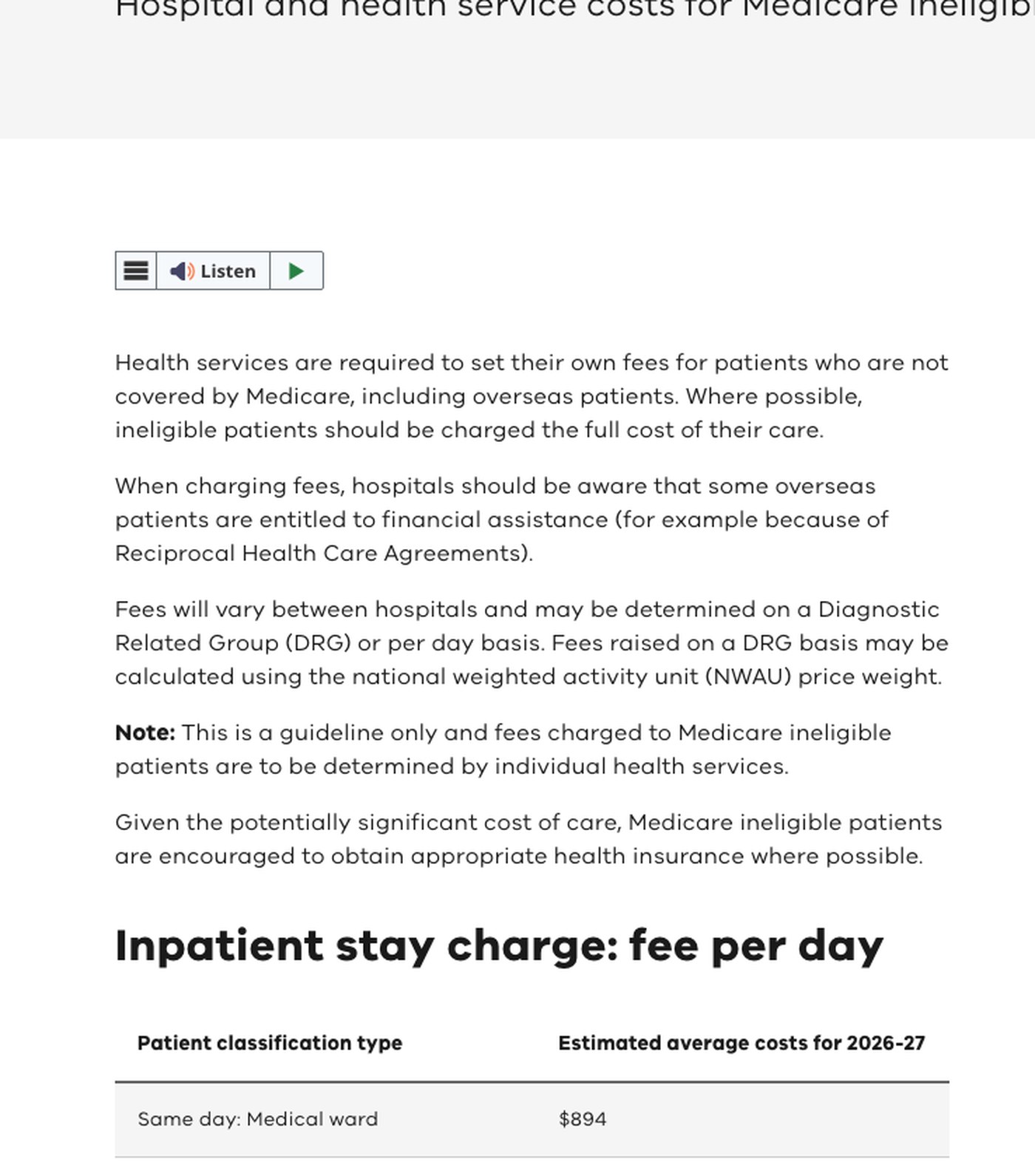 Grille officielle des tarifs hospitaliers australiens facturés aux patients non couverts par Medicare, exercice 2026-2027