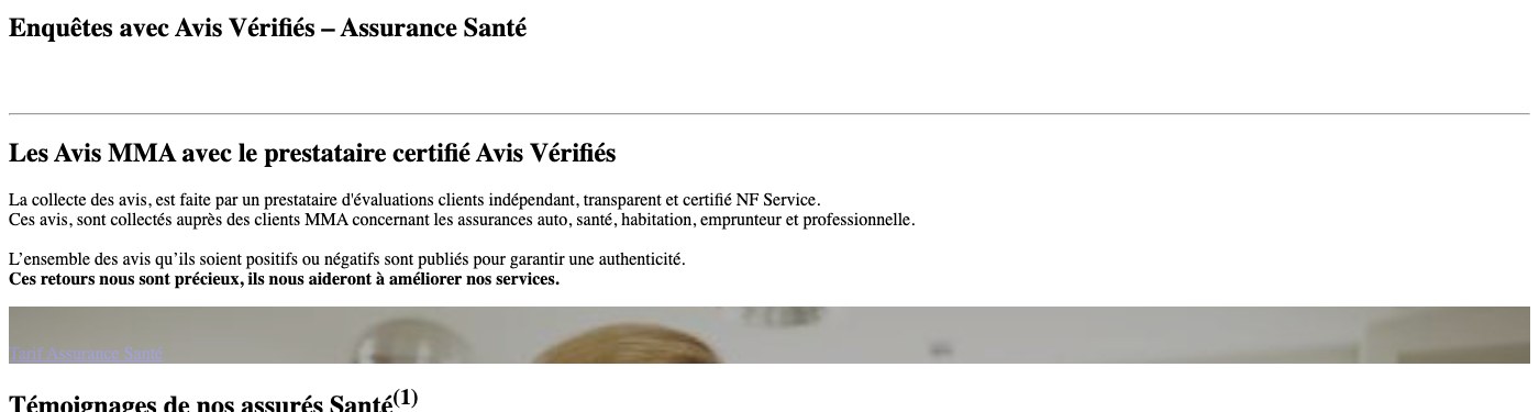 Page d’avis de mma.fr : les avis santé sont collectés par le prestataire certifié Avis Vérifiés (capture Wayback du 5 mars 2026)