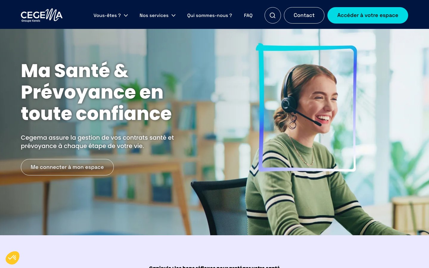 Capture de la page d'accueil de cegema.com : Cegema assure la gestion de vos contrats santé et prévoyance