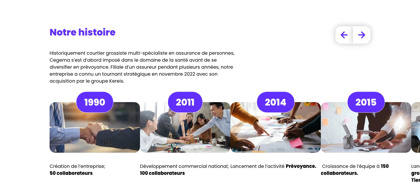 Capture de la page Qui sommes-nous de cegema.com, rubrique Notre histoire et acquisition par le groupe Kereis