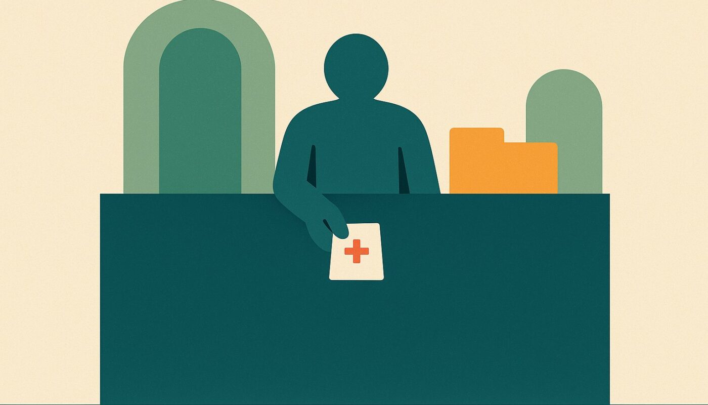 Illustration : un guichet de gestion tend un document, deux portes fermées derrière, symbole du gestionnaire qui n'est pas le décideur
