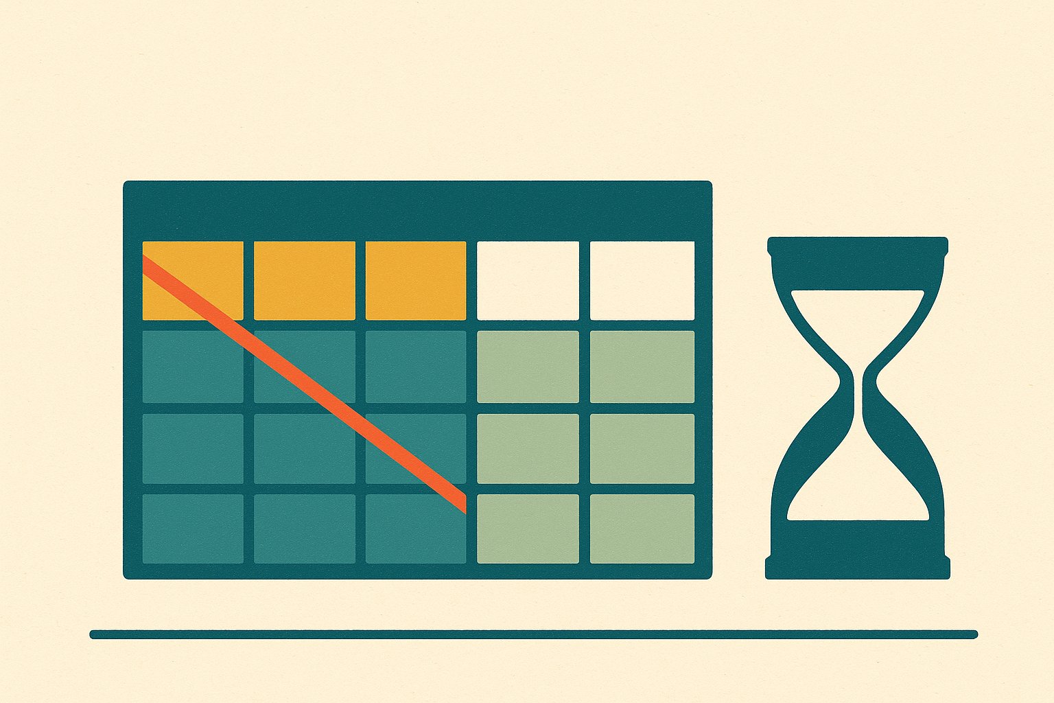 Illustration : calendrier dont les trois premiers mois sont barrés, à côté d'un sablier