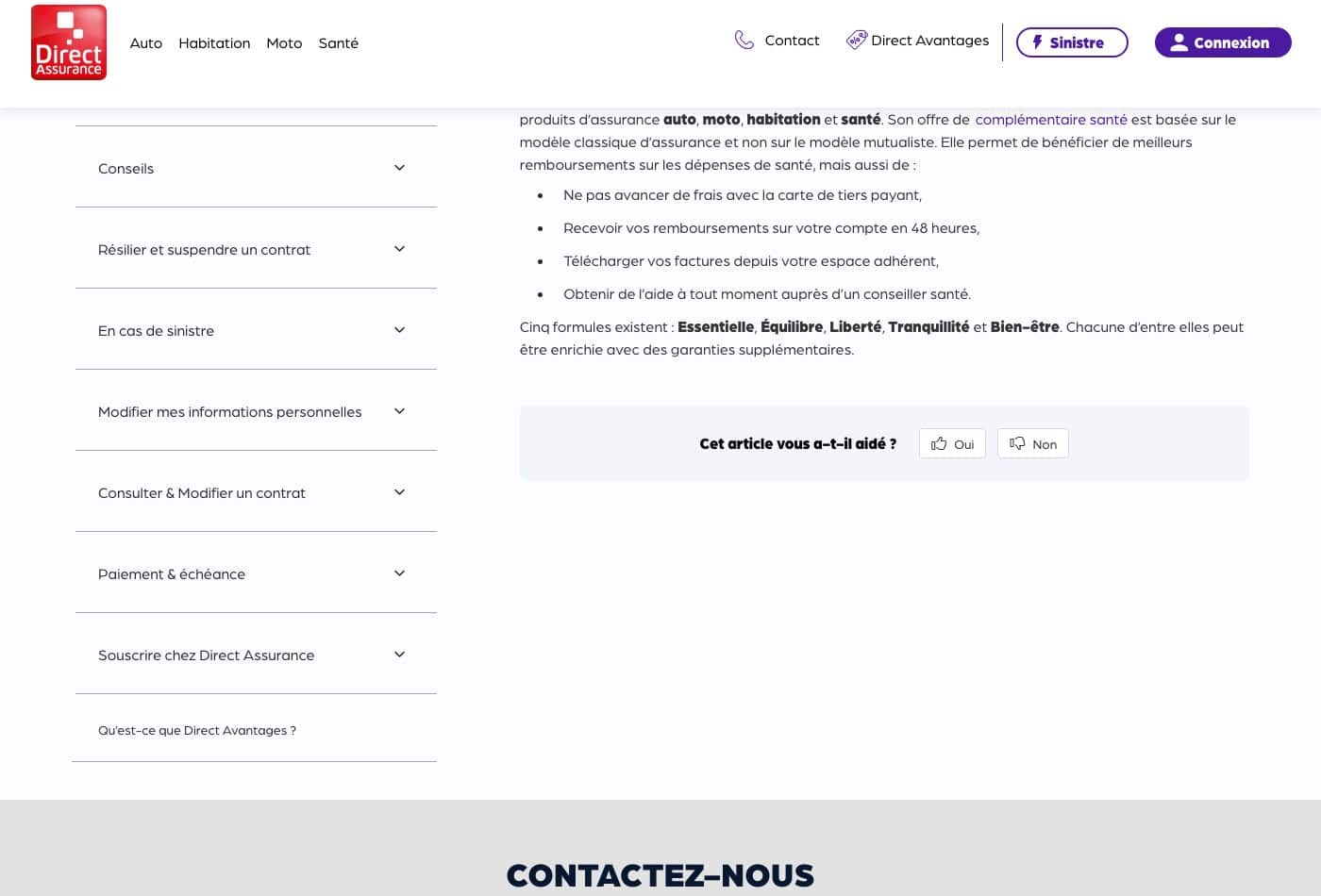 Capture d'écran de la FAQ de Direct Assurance expliquant qu'elle n'est pas une mutuelle santé mais une compagnie d'assurance