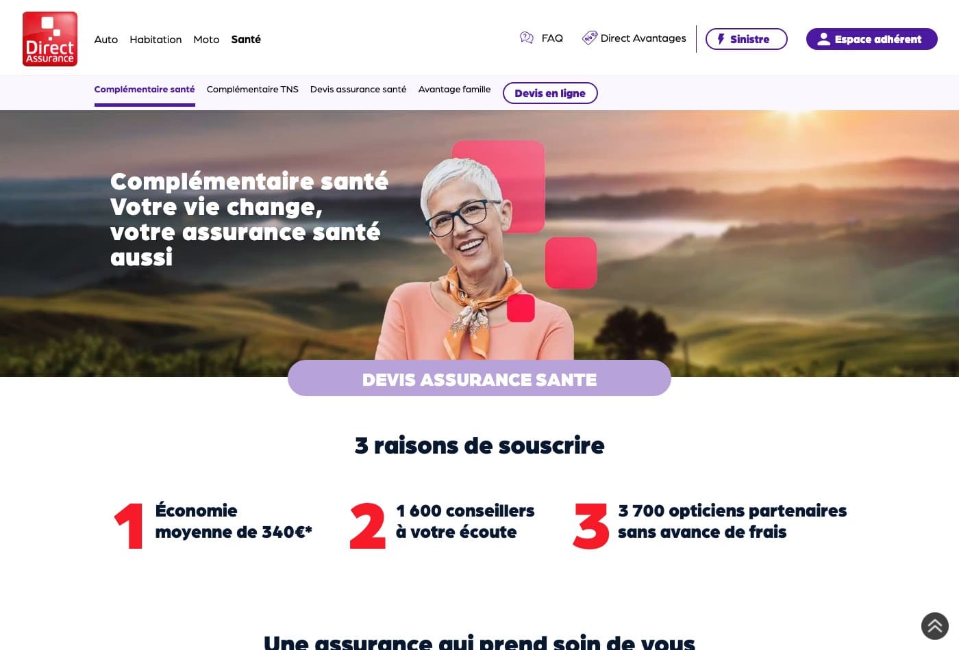 Capture d'écran de la page Complémentaire santé du site Direct Assurance