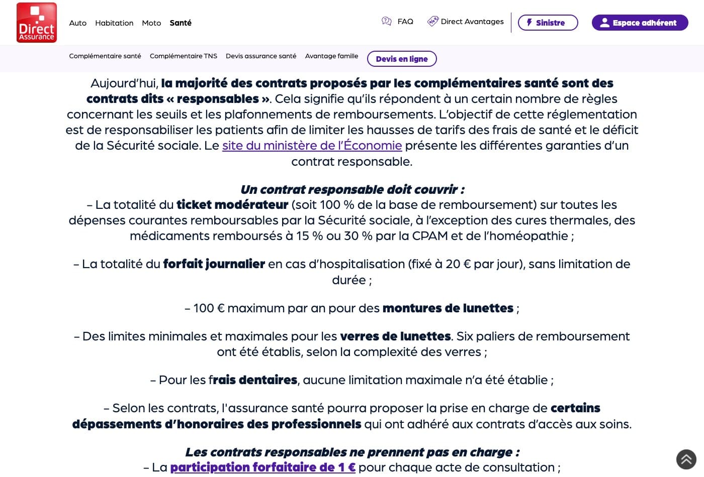 Capture d'écran de la page de Direct Assurance sur le contrat responsable, affichant un forfait journalier à 20 euros et une participation forfaitaire à 1 euro
