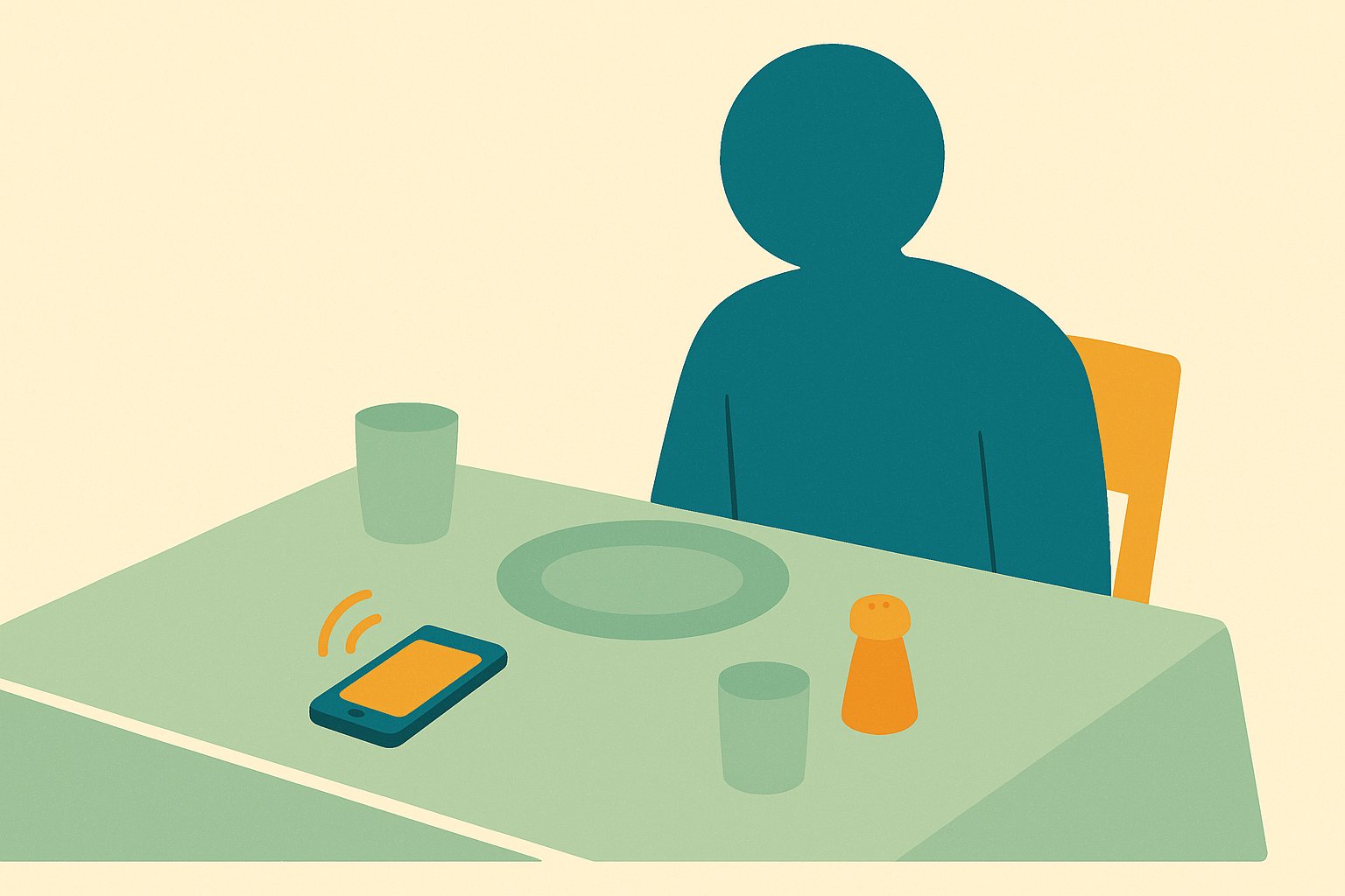 Illustration d'une personne à table dont le téléphone vibre pendant le repas