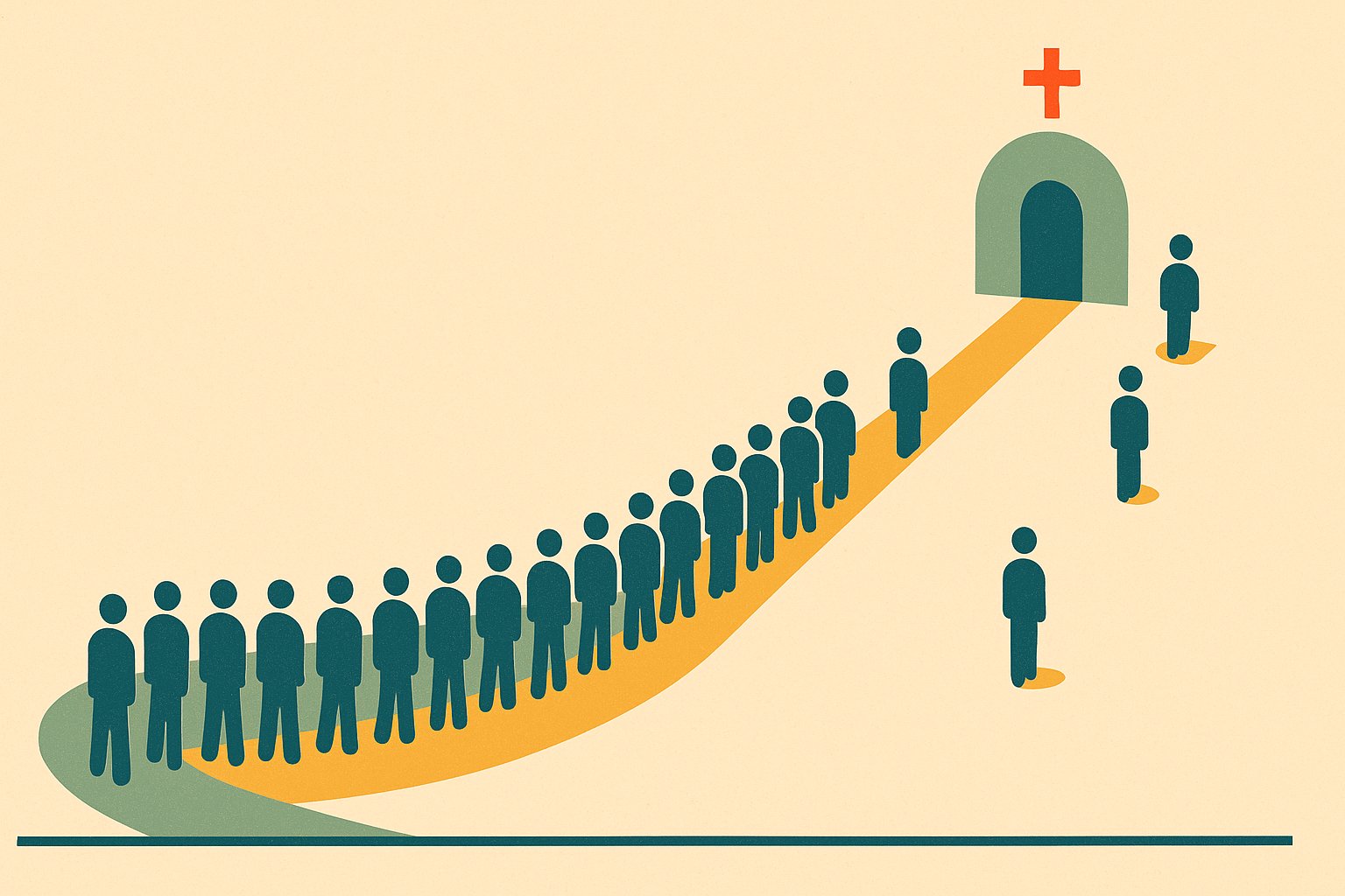 Illustration : une longue file d'attente vers un service de santé, et à côté un espace resté libre
