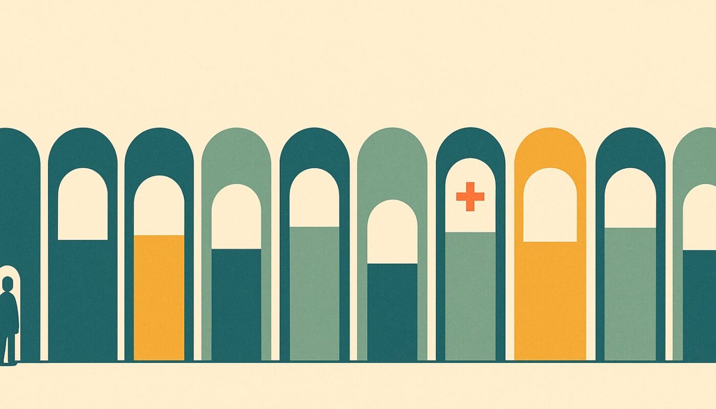 Illustration : douze portails alignés, chacun rempli à une hauteur différente, image de la couverture santé publique selon le pays européen