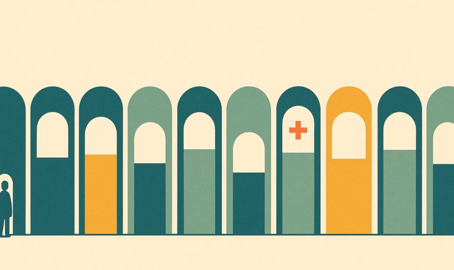 Illustration : douze portails alignés, chacun rempli à une hauteur différente, image de la couverture santé publique selon le pays européen