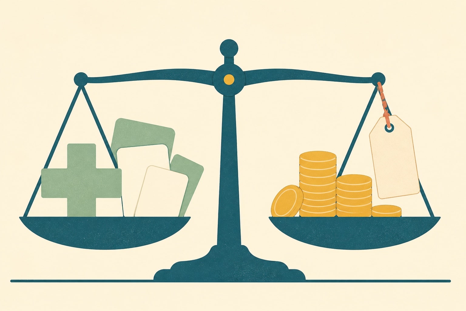 Illustration d'une balance entre une croix médicale et des pièces de monnaie : le rapport garanties et prix d'une mutuelle internationale.