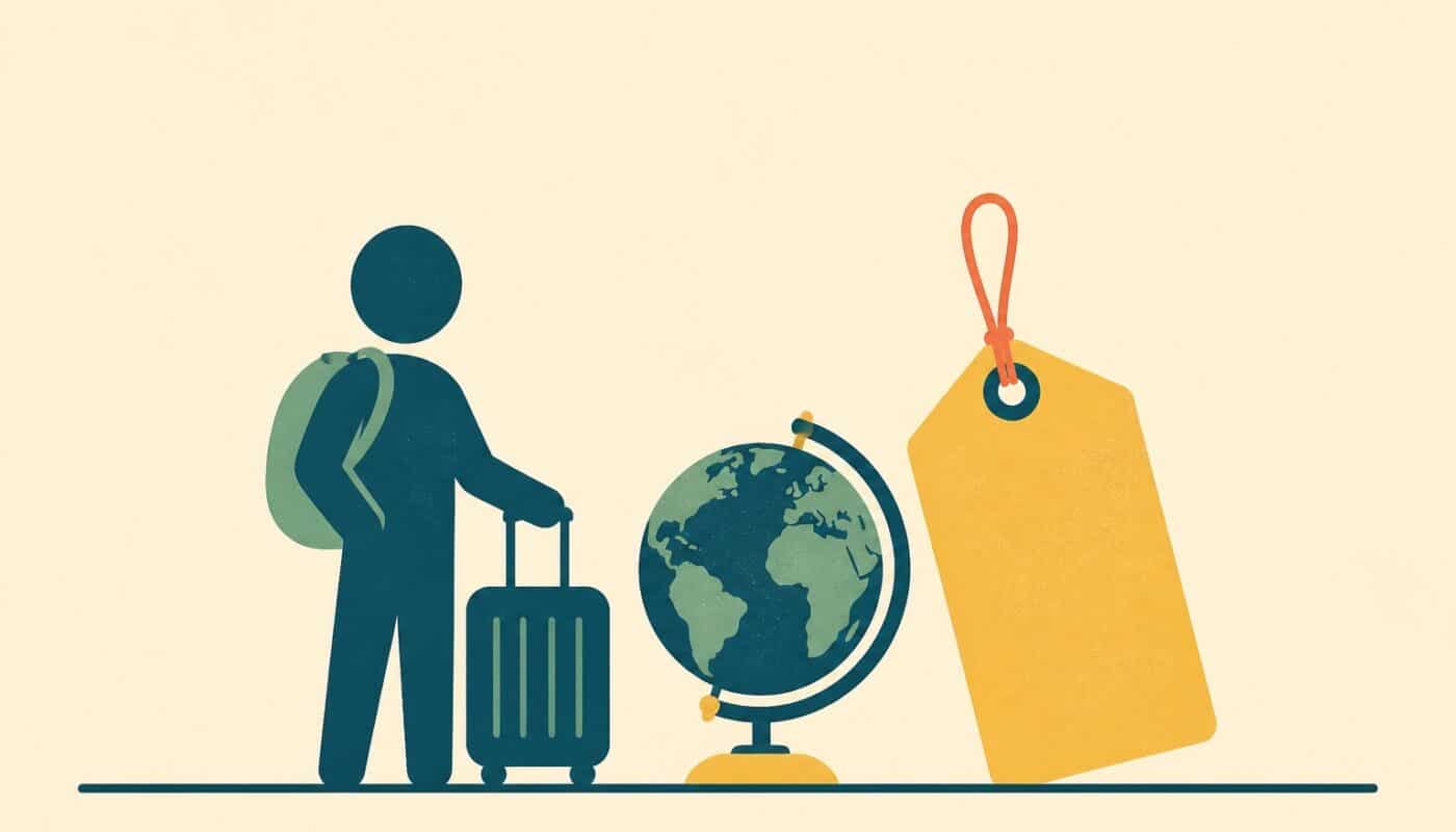Illustration d’un expatrié avec une valise devant un globe et une étiquette de prix, mutuelle internationale
