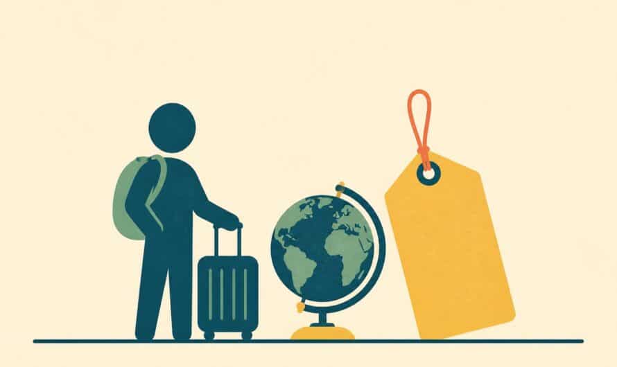 Illustration d’un expatrié avec une valise devant un globe et une étiquette de prix, mutuelle internationale