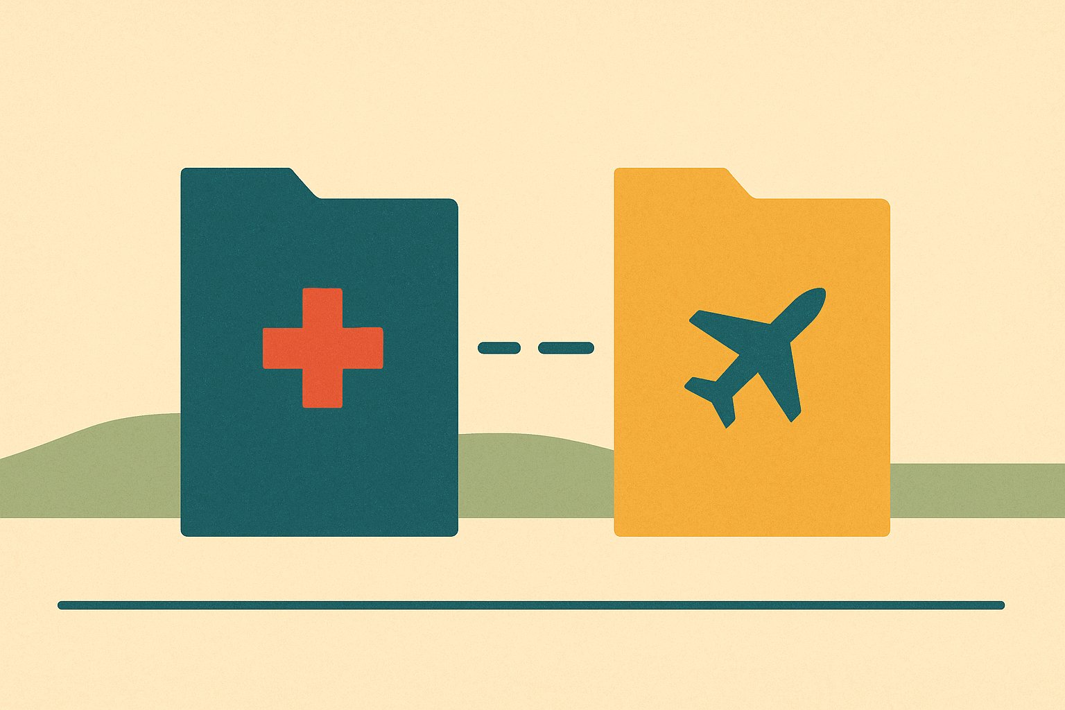 Illustration de deux dossiers séparés, l'un marqué d'une croix médicale, l'autre d'un avion, reliés par un trait interrompu