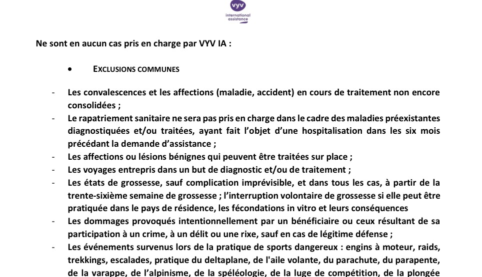Extrait de la notice d'assistance publiée par la CFE, liste des exclusions communes