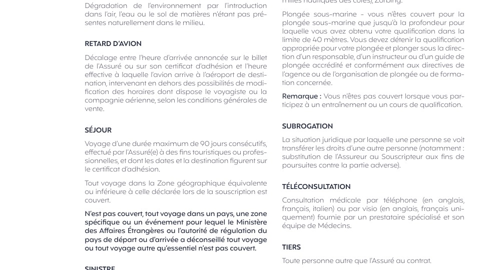 Extrait des conditions générales Chapka Cap Assistance précisant les limites de couverture de la plongée sous-marine et des zones déconseillées
