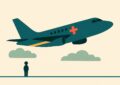Avion sanitaire stylise survolant une silhouette au sol, illustration de rapatriement medical international