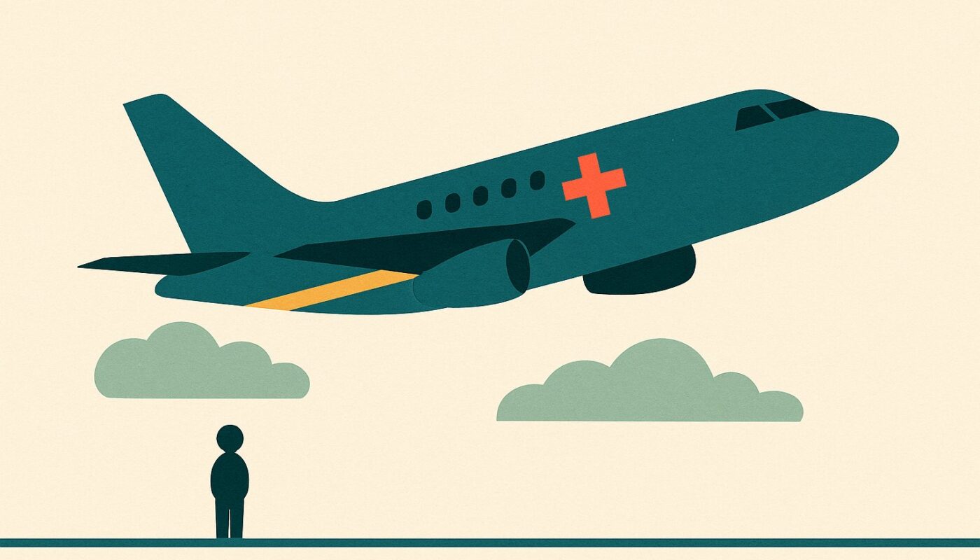 Avion sanitaire stylise survolant une silhouette au sol, illustration de rapatriement medical international