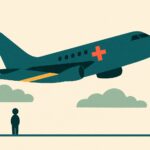 Avion sanitaire stylise survolant une silhouette au sol, illustration de rapatriement medical international