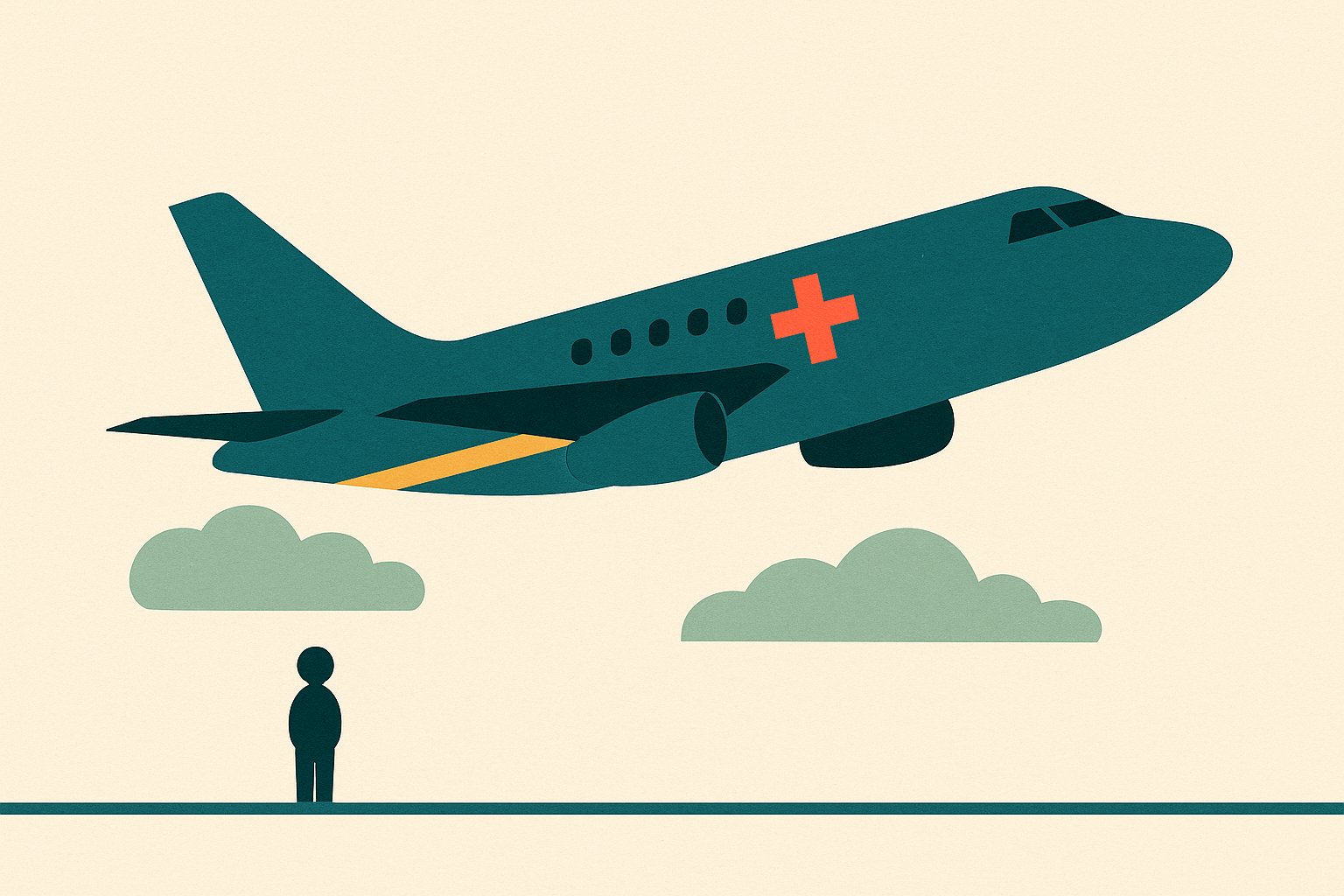 Avion sanitaire stylise survolant une silhouette au sol, illustration de rapatriement medical international