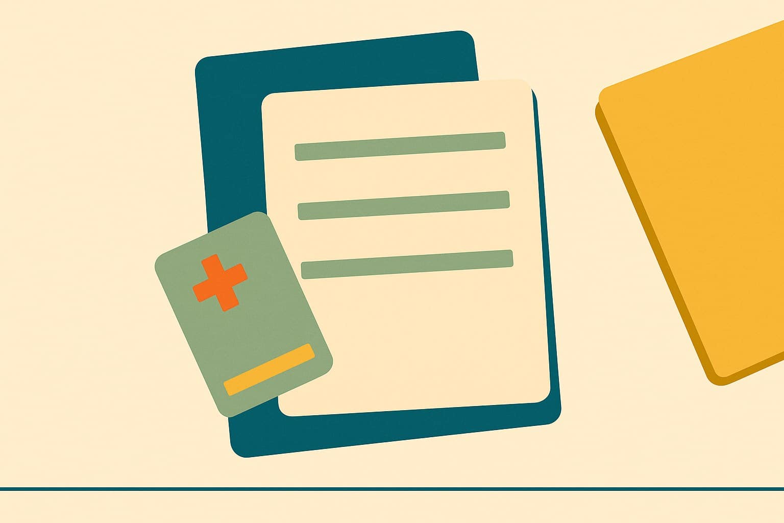 Illustration : une carte d'assure et un dossier de droits, un contrat d'expatrie mis de cote