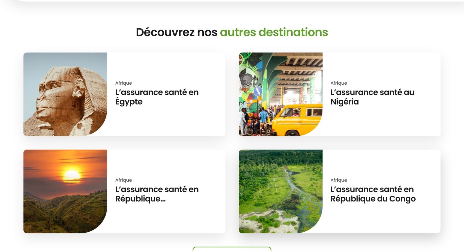 Capture d'ecran du bloc autres destinations d'APRIL International : Egypte, Nigeria, Republique democratique du Congo, Republique du Congo