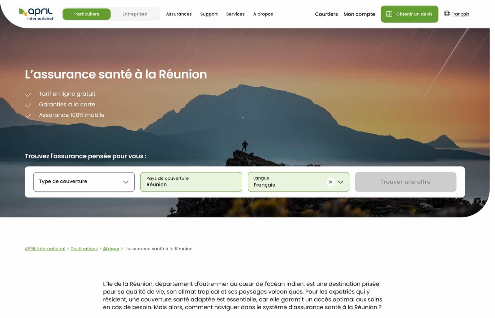 Capture d'ecran de la page APRIL International consacree a La Reunion, classee dans Destinations puis Afrique, avec La Reunion en pays de couverture