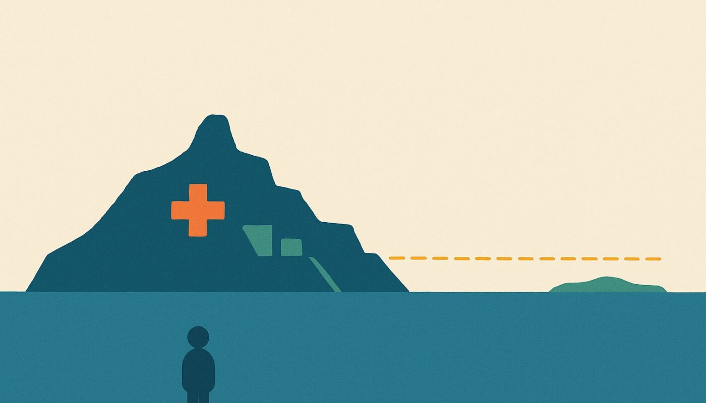 Illustration : l'ile de La Reunion avec une croix medicale et une liaison en pointilles vers la metropole