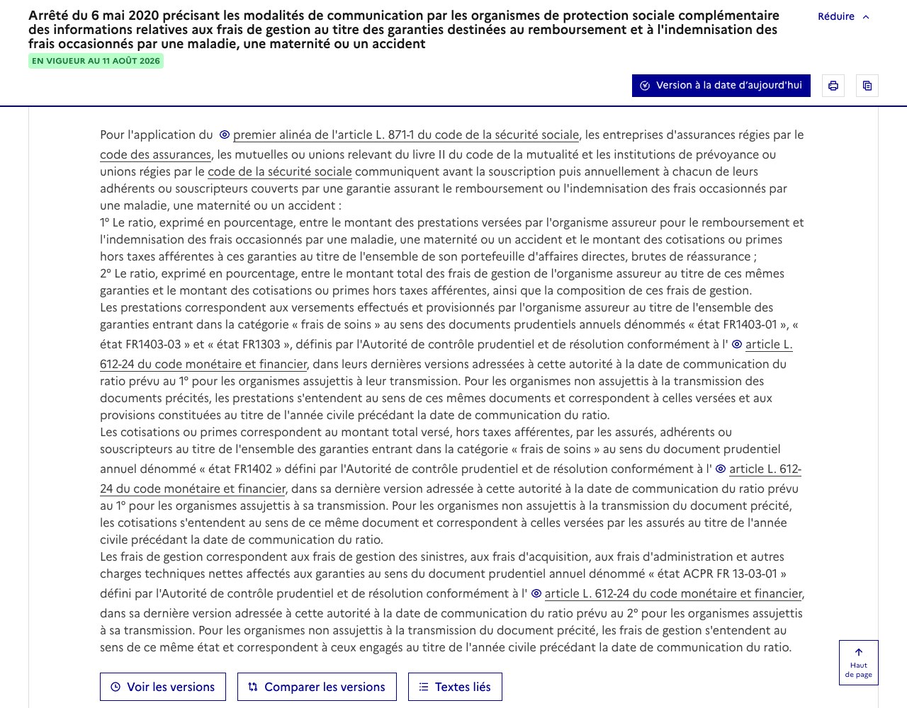 Article 1 de l’arrêté du 6 mai 2020 sur Légifrance, imposant la communication de deux ratios aux assurés