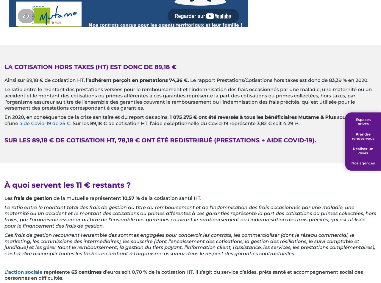 Page de Mutame et Plus décomposant une cotisation santé de 100 euros, avec un rapport prestations sur cotisations de 83,39 pour cent en 2020