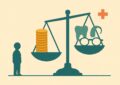 Balance opposant une pile de pieces a des lunettes, une dent et une aide auditive, illustration du rapport qualite prix d une assurance sante