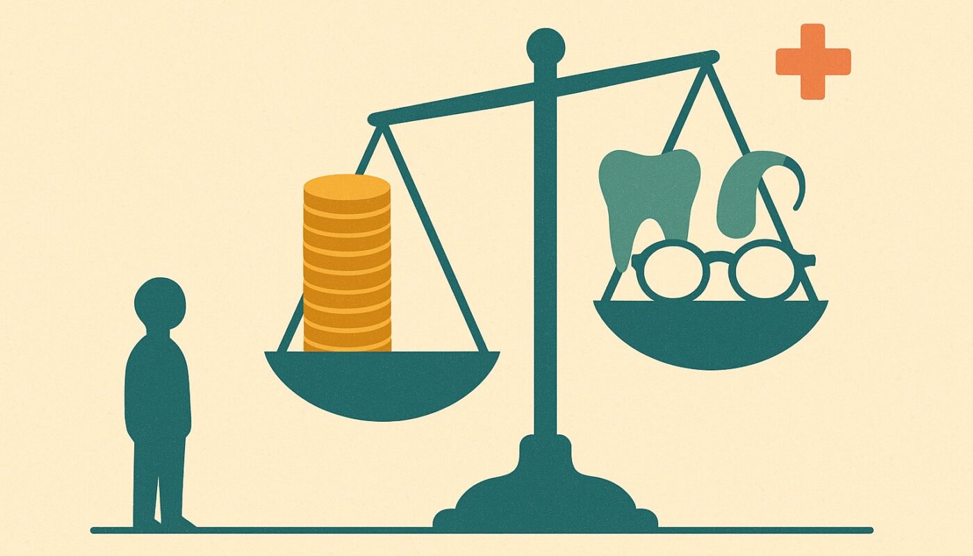 Balance opposant une pile de pieces a des lunettes, une dent et une aide auditive, illustration du rapport qualite prix d une assurance sante