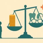 Balance opposant une pile de pieces a des lunettes, une dent et une aide auditive, illustration du rapport qualite prix d une assurance sante