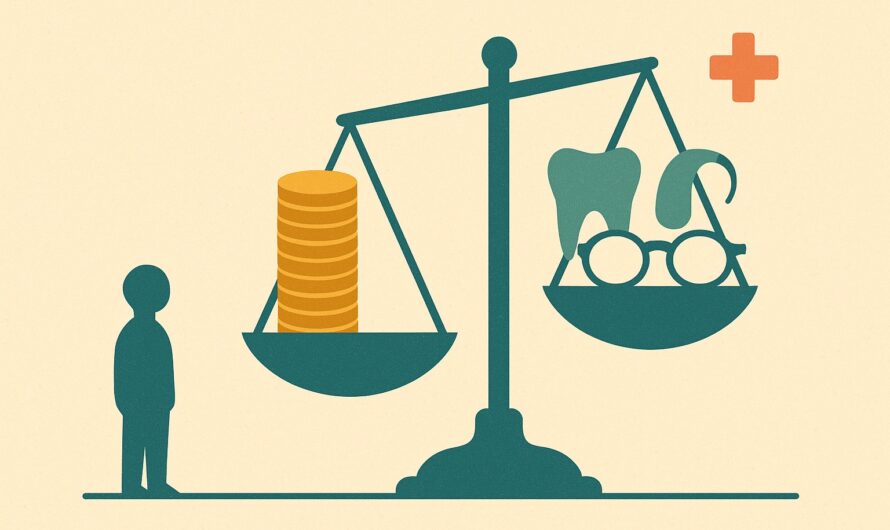 Balance opposant une pile de pieces a des lunettes, une dent et une aide auditive, illustration du rapport qualite prix d une assurance sante